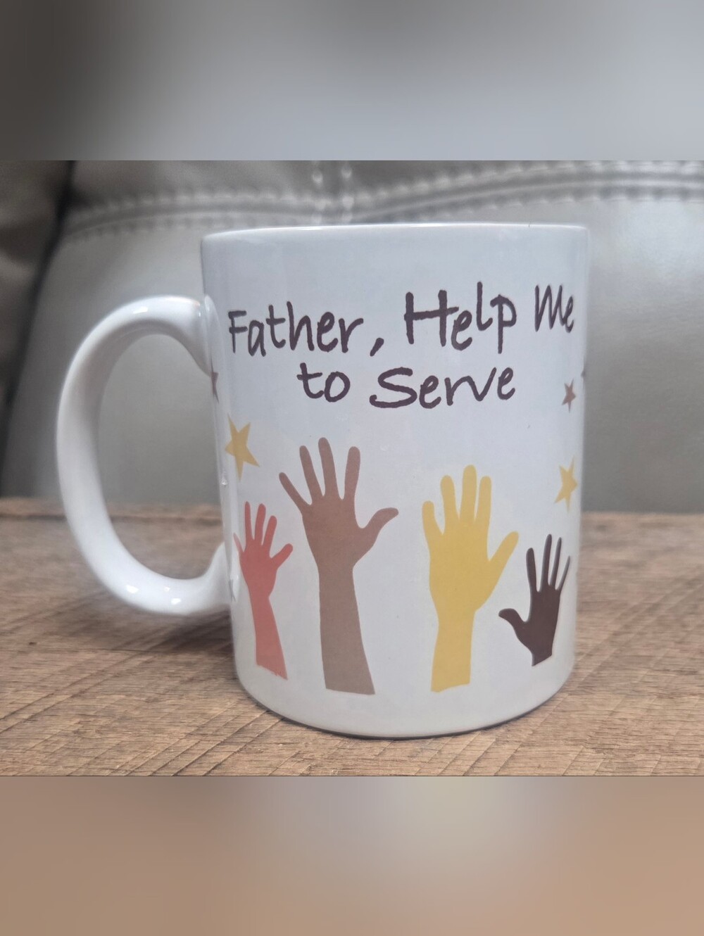 NIB White Service Prayer Ceramic Mug with Multicolor Hands ~ Bin 1B